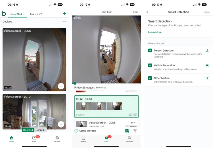 The Blink app screenshots showing the homescreen moments view and smart detection settings