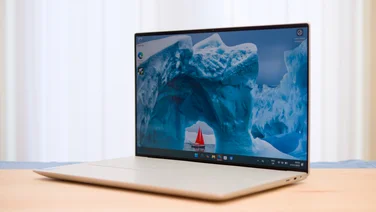 The Dell 14 Premium, open, pictured from the front right side