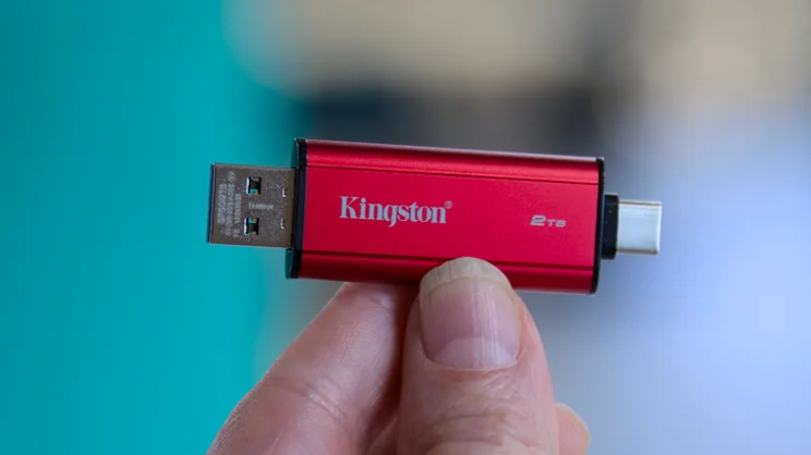 The Kingston Dual Portable SSD 2TB pictured with both USB-A and USB-C connectors exposed