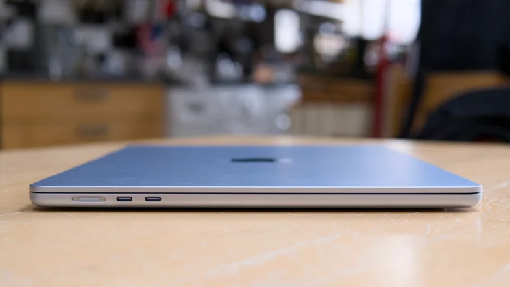 The M5 MacBook Air, closed, pictured from the left edge