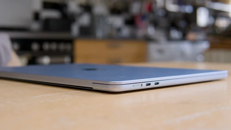 The M5 MacBook Air, closed, pictured from the rear left quarter
