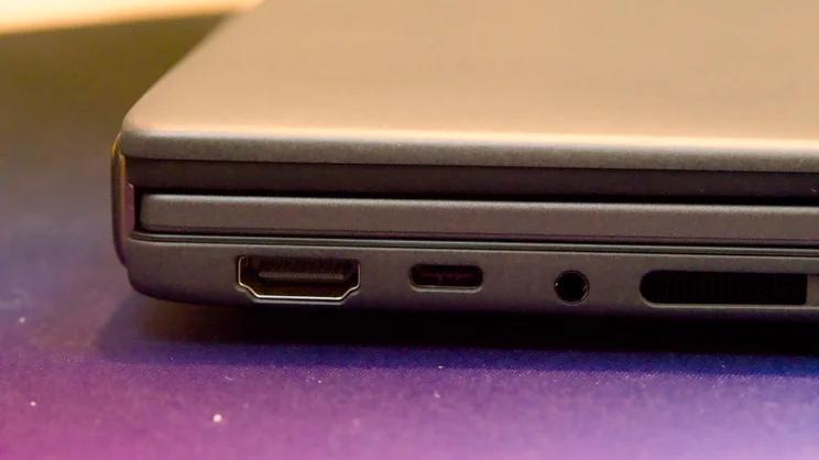 The rear left corner of the Asus Zenbook Duo 2026, close up