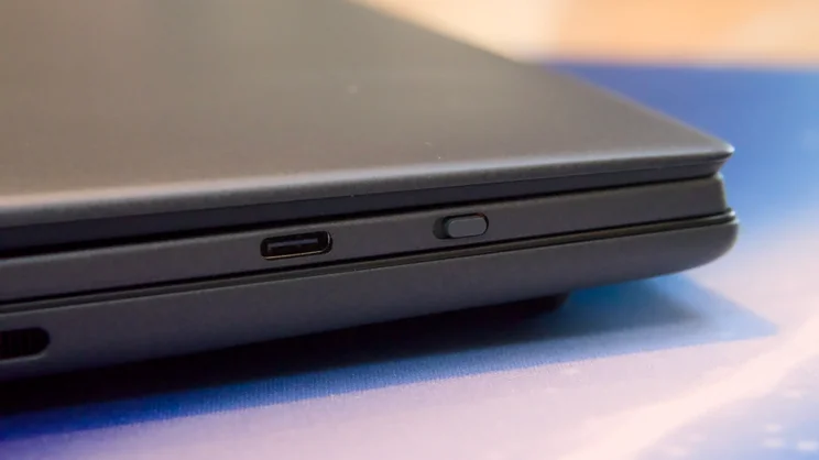 The right hand front edge of the Asus Zenbook Duo 2026, close up