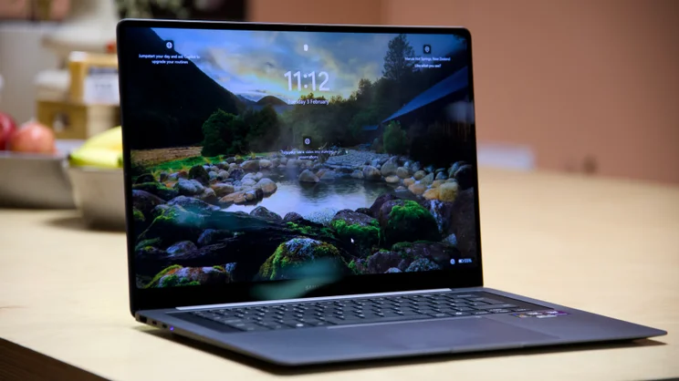 The Samsung Galaxy Book6 Pro 16, open, pictured from the left front quarter