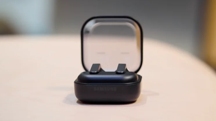 The Samsung Galaxy Buds 4 Pro pictured in their charging case with the lid open, from the front
