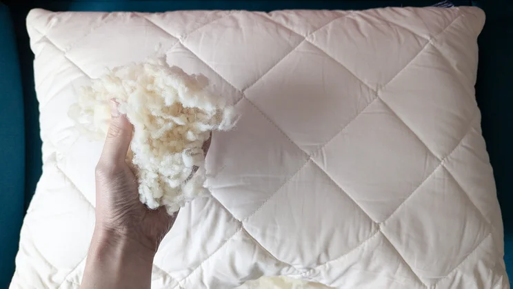 A bird's eye view of the Woolroom Deluxe Washable Wool Pillow. A hand is holding a clump of the wool filling, that has been removed from the pillow