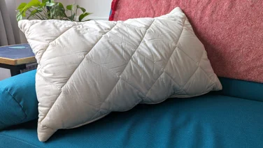 The Woolroom Deluxe Washable Wool Pillow on a blue sofa