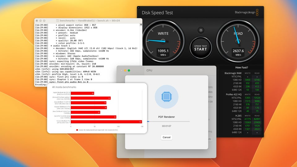 Best laptop. Screenshots of different laptop testing software and results charts on an orange background