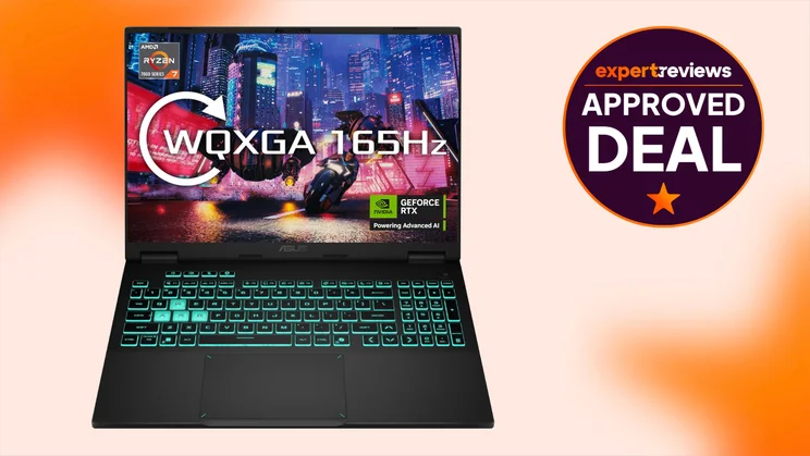The Asus TUF A16 laptop cut out against an orange background with an Expert Reviews Approved Deal stamp next to it on the right hand side