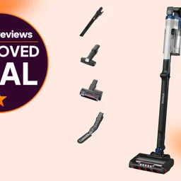 The Shark Stratos vacuum cleaner cut out on an orage background next to an Expert Reviews Approved Deal stamp to the left