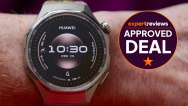 The Huawei Watch GT 6 Pro pictured on a wrist, with an Expert Reviews Approved Deal stamp to the right hand side