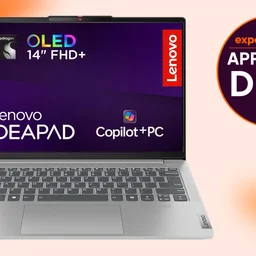 The Lenovo IdeaPad Slim 5x cut out against an orange background with stars and an approved deals stamp to the right