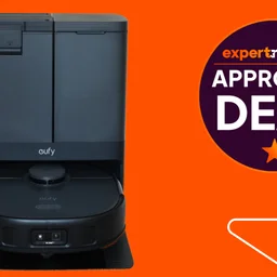 The Eufy X10 Pro Omni cut out on an orange background with an Expert Reviews Approved deal stamp to the right hand side