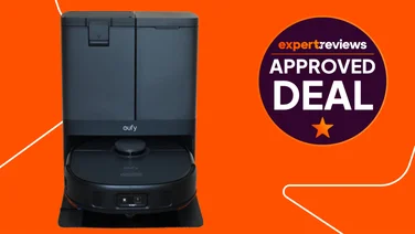 The Eufy X10 Pro Omni cut out on an orange background with an Expert Reviews Approved deal stamp to the right hand side