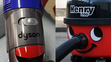 A close up of a Dyson V8 power switch next to a close up image of a Numatic Henry vacuum