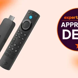Amazon Fire TV Stick 4K Max on orange and white background with approved deal sticker