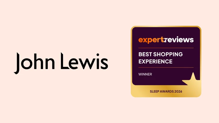 The John Lewis logo on a pale pink background, alongside a badge reading "Expert Reviews Best Shopping Experience"