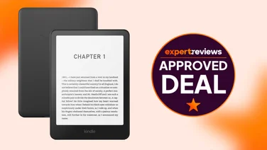 Amazon Kindle Paperwhie on an orange and white background with an approved deal sticker