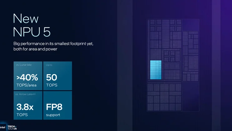 A presentation slide showing details of Intel's NPU 5