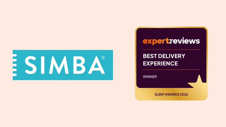 The Simba logo on a pale pink background, alongside a badge reading "Expert Reviews Best Delivery Experience"
