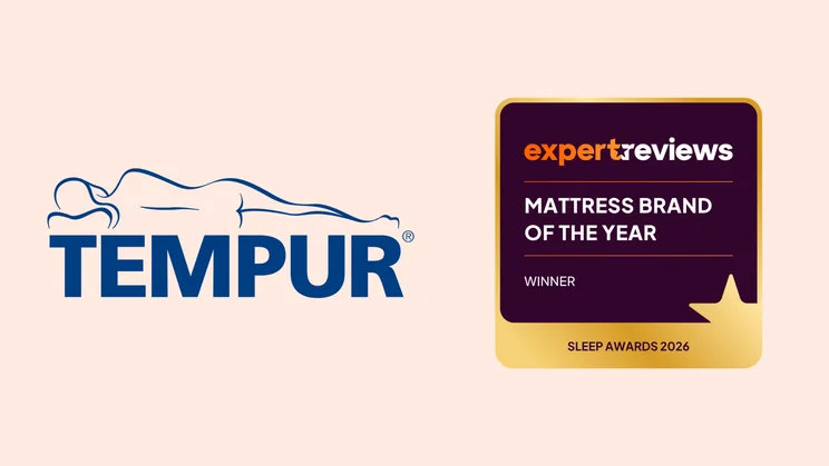 The Tempur logo on a pale pink background, alongside a badge reading "Expert Reviews Mattress Brand of the Year"