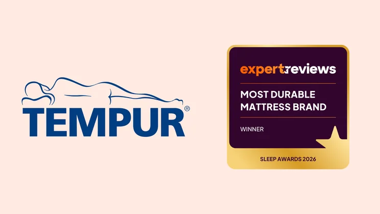 The Tempur logo on a pale pink background, alongside a badge reading "Expert Reviews Most Durable Mattress Brand"